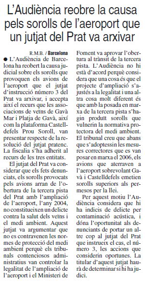 Not�cia publicada al diari EL PUNT sobre l'aute de l'Audi�ncia de Barcelona reobrint la querella criminal presentada contra els reponsables de la posada en servei de la tercera pista de l'aeroport de Barcelona-El Prat (13 de Mar� de 2010)